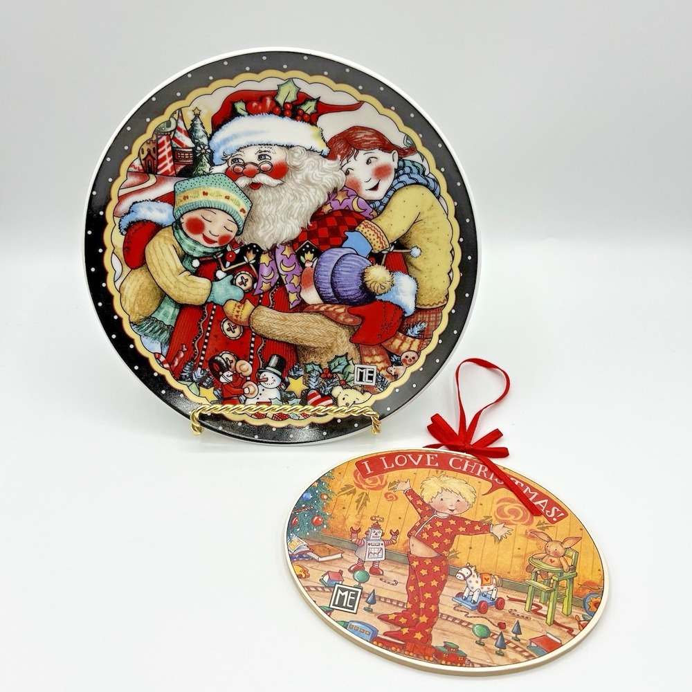Mary Engelbreit Santa & Children 7" Christmas Plate & Wood Ornament Lot